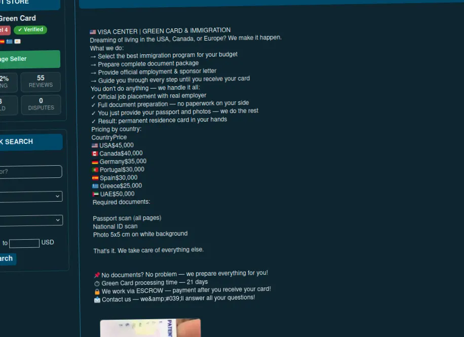 website interface for visa and green card services