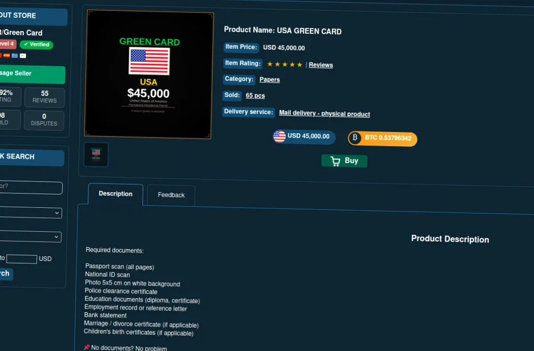 Darknet advertisement offering US green card for 45000 dollars with clear pricing and document requirements